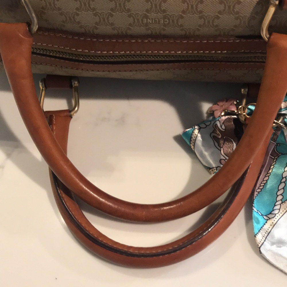Celine Tan and Brown Satchel with Patterned Scarf - Picture 15 of 16